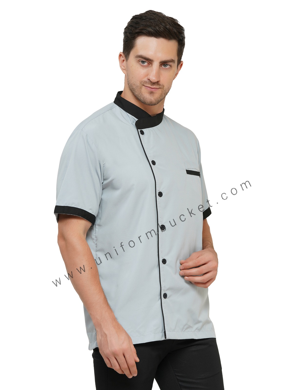 LIGHT GREY MALE SHIRT WITH BLACK COLLAR & FRONT SIDE PIPING thumbnail 2